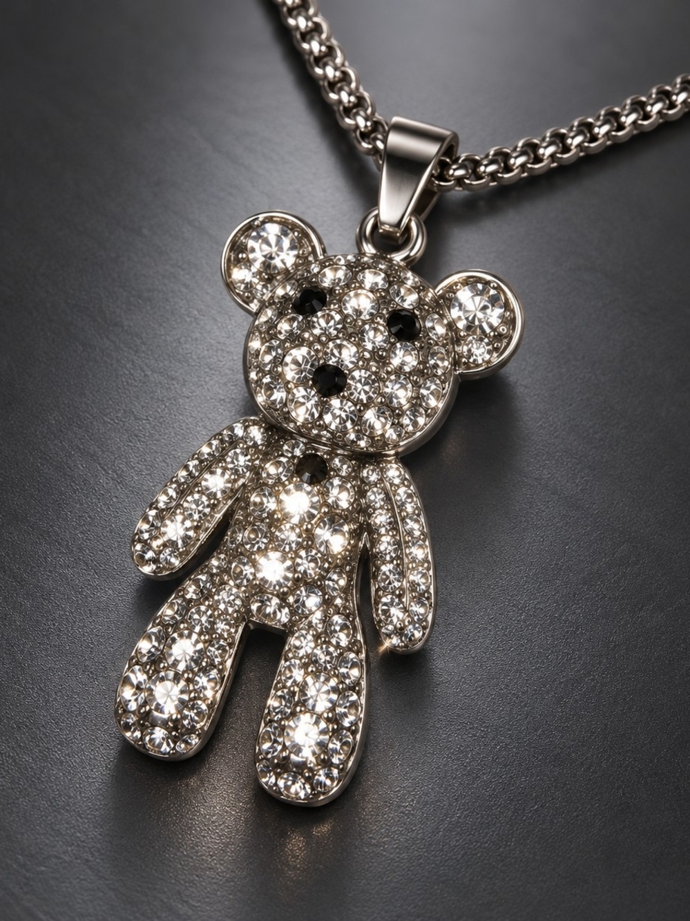 Crystal Teddy Pendant Necklace - Silver Sparkle